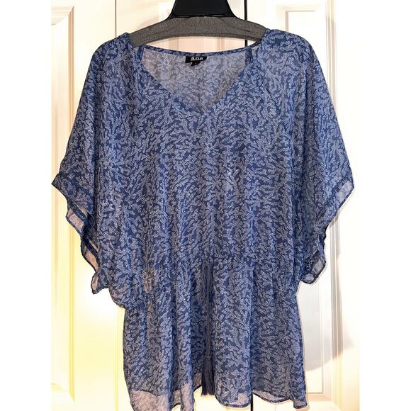 a.n.a A New Approach Women’s Blue Sheer V-Neck Blouse Drawstring Waist Size L - Picture 1 of 9